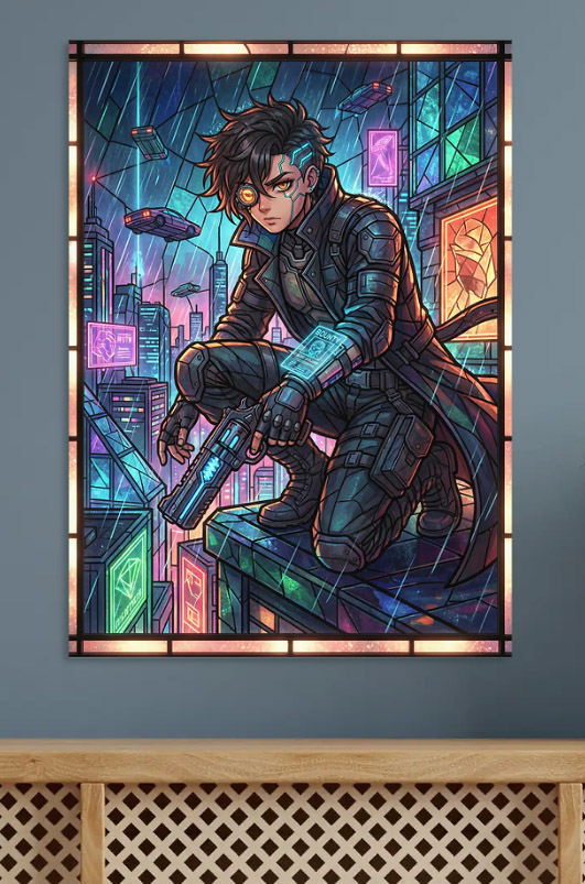 Cyberpunk Character in Stained Glass — metal poster wall art by Lineer